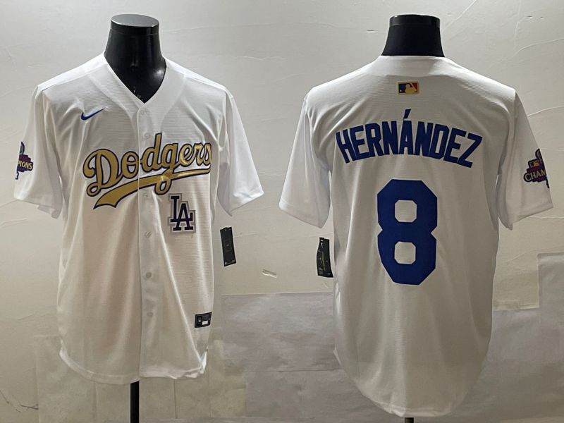 Men Los Angeles Dodgers #8 Hernandez White Champion gold character 2025 Nike MLB Jersey style 3319->los angeles dodgers->MLB Jersey